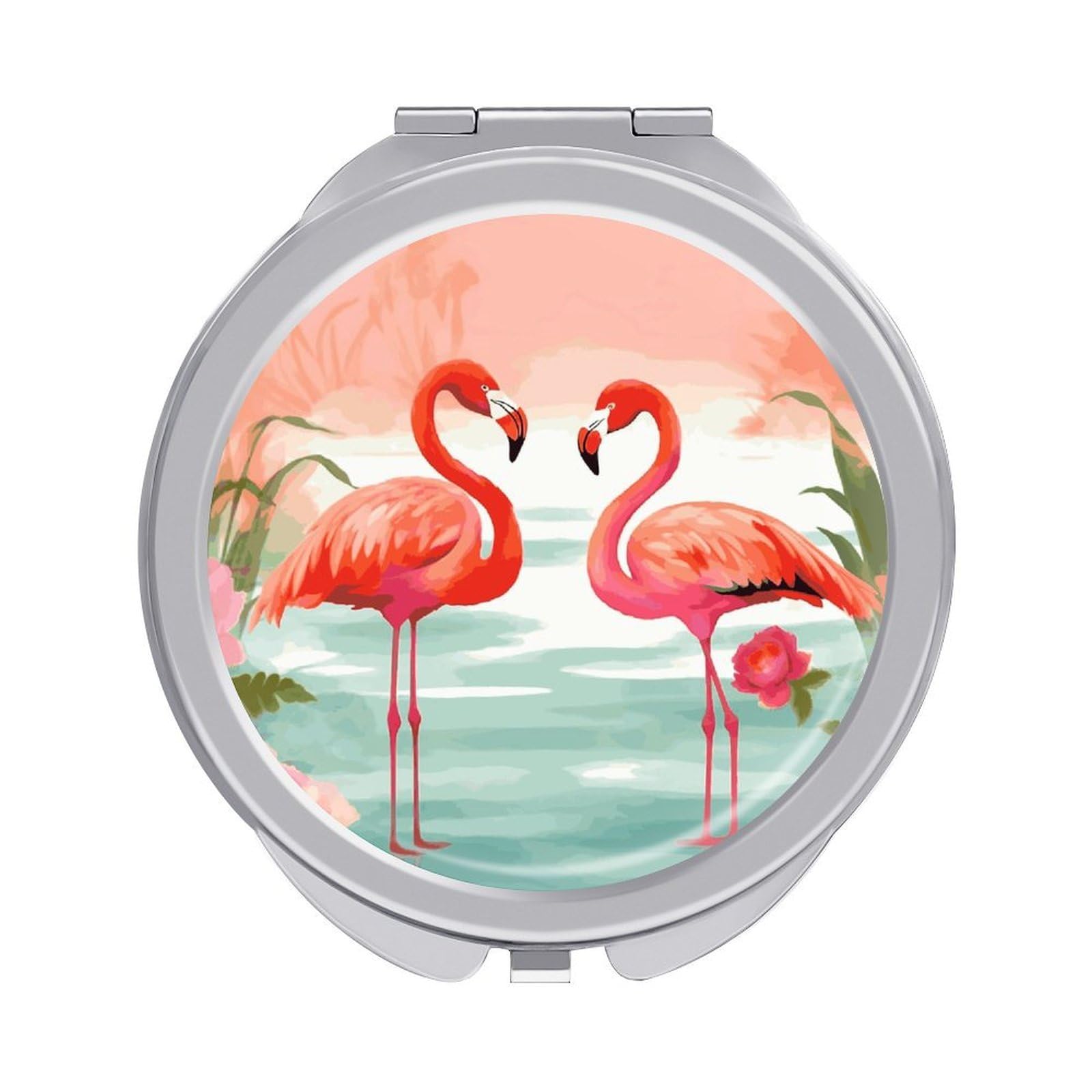 LDGSUPH Two Red Flamingos Travel Makeup Mirrors Portable Compact Mirror Double-Sided 2X/1X Magnifying Folding Pocket Mirror Mini Round Handheld Mirrors for Home Outdoor