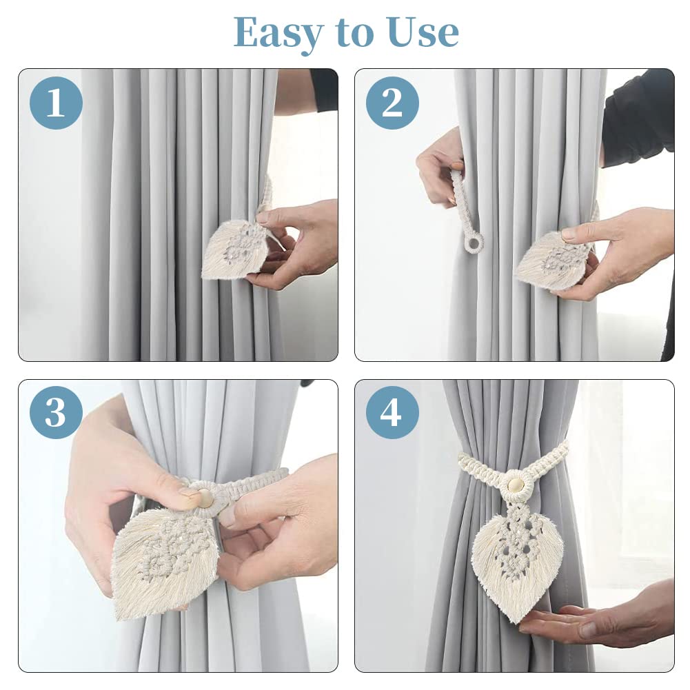 Fermatende Boho 2 Pezzi Con Nappe A Forma Di Foglia E Perline In Legno - Cravatte Per Tende In Corda Di Cotone Intrecciata - Accessorio Per Casa, Soggiorno, Camera - 5