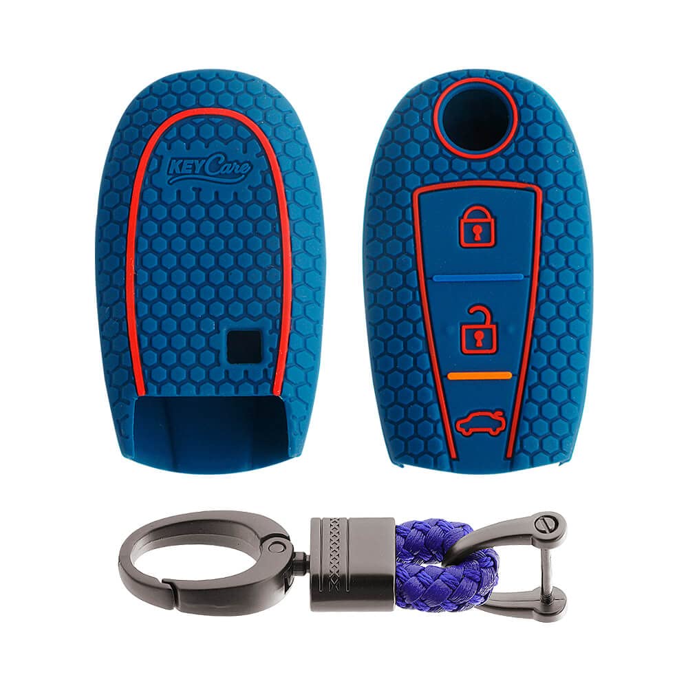 Keycare® Silicone Key Cover and Keychain fit for Urban Cruiser Smart Key (Blue with Alloy Blue Keychain)