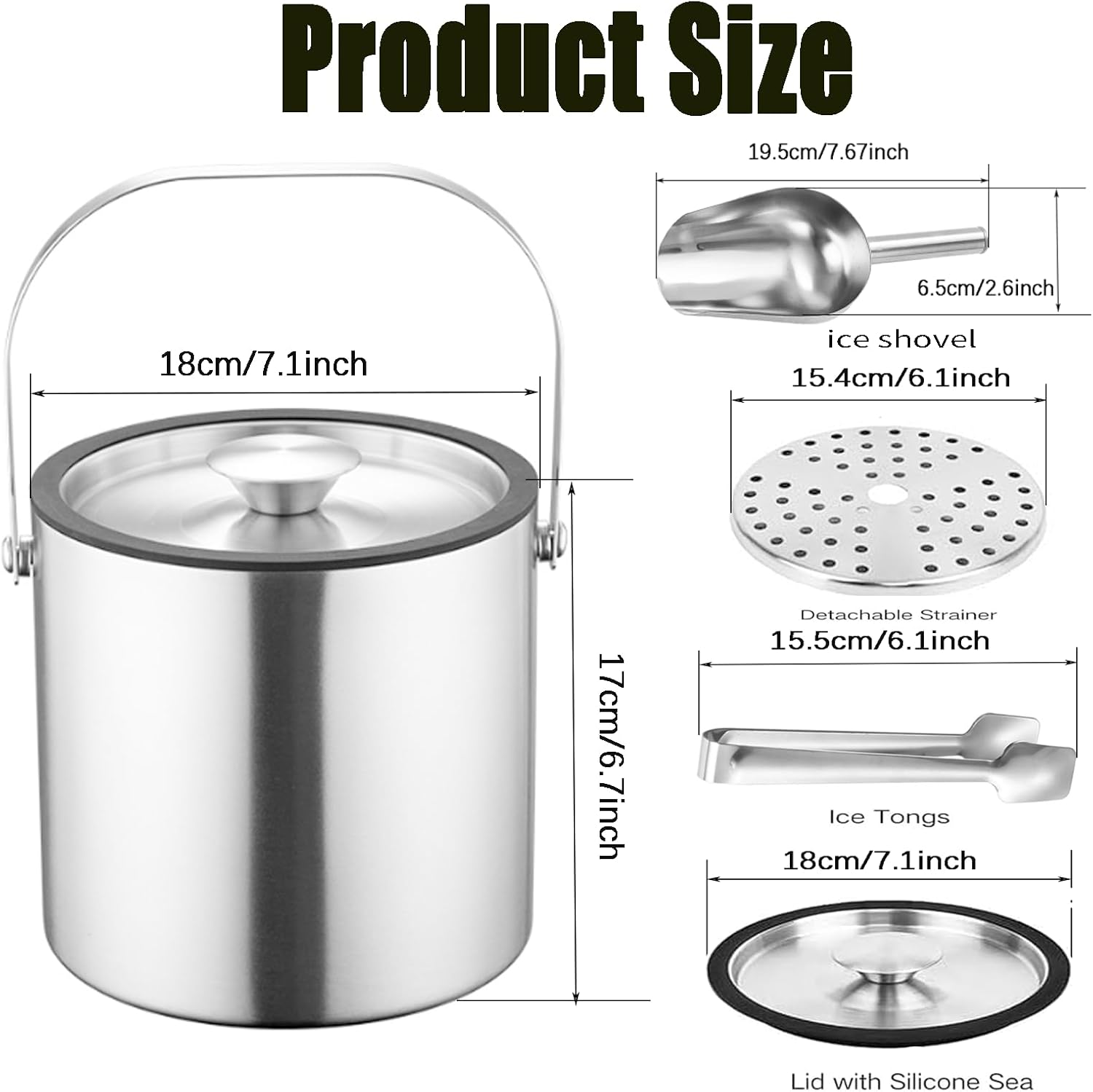 3L Double-Wall Insulated Ice Bucket with Lid, Ice shovel &Tongs and Strainer, Stainless Steel Ice Bath Tub with Silicone Sealed Lid for Wine, Ice Buckets for Parties, Wine Chiller, Light Sliver - Image 2