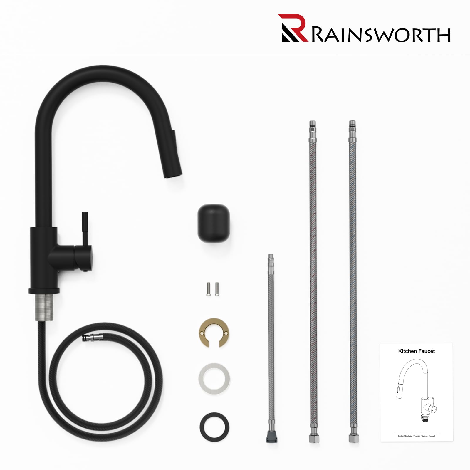 Rainsworth Czarna bateria kuchenna z wylewką, wyciągana - wysokociśnieniowa bateria kuchenna z dwoma rodzajami strumienia wody, armatura do zlewozmywaka obracana o 360°, bateria mieszakowa ze stali