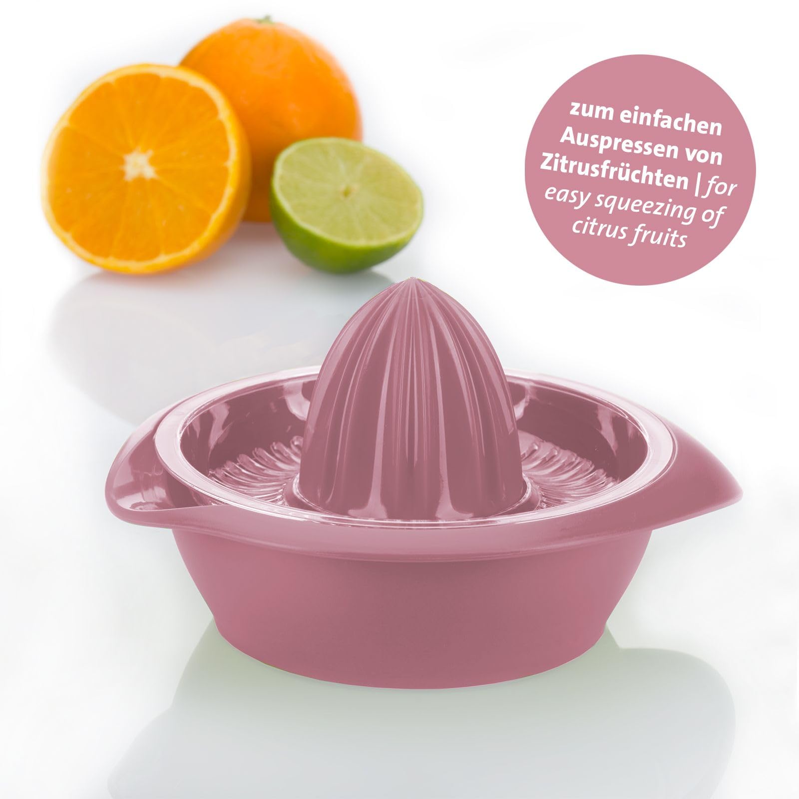 3091227P Exprimidor de cítricos de limón con envase, Diámetro: 7.4 in, Capacidad: 11.8 fl oz, Plástico, Limetta, Rojo 3