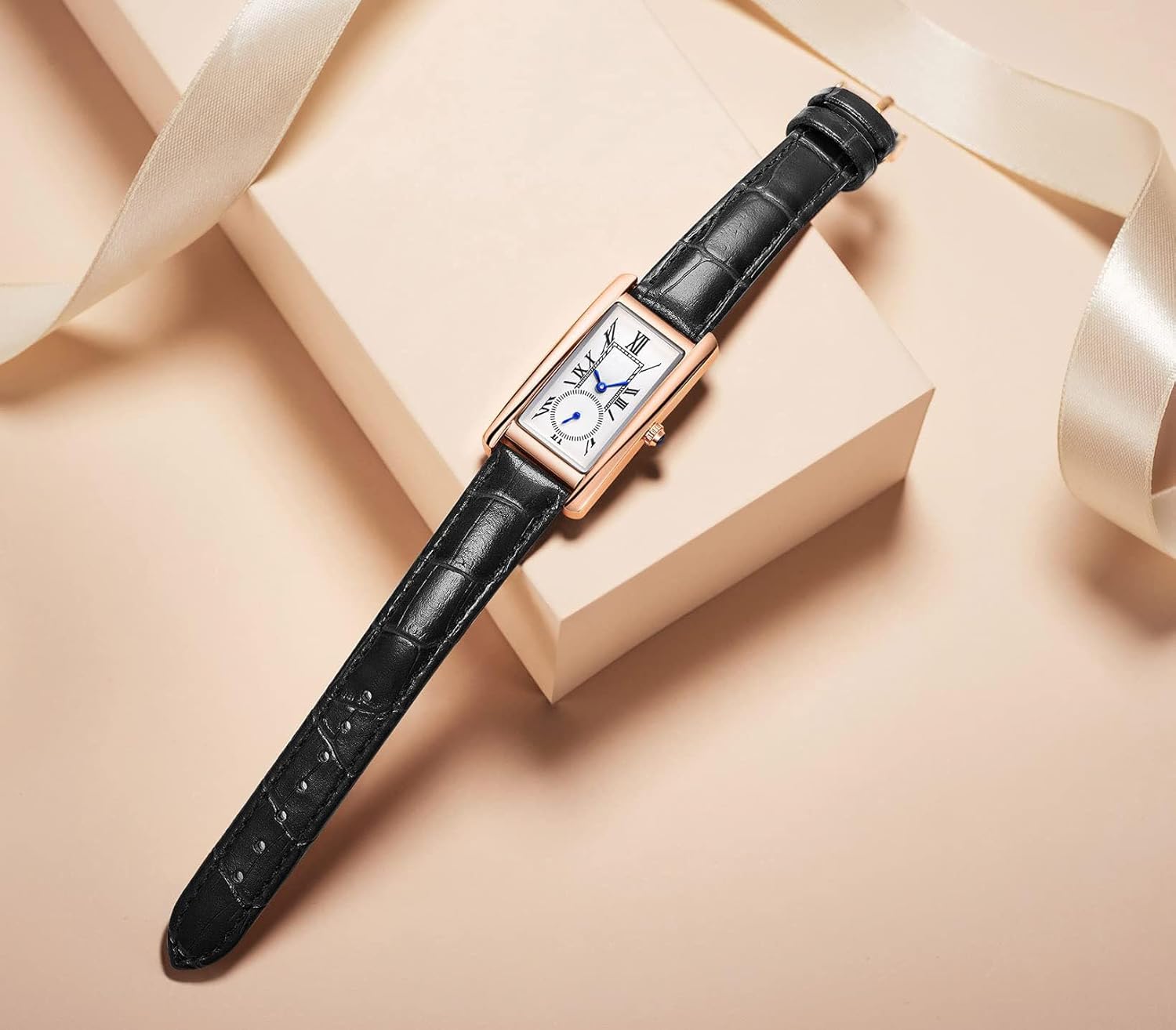 Women Quartz Watch Lady Stylish Rectangle Dress Watch with Leather Strap and Blue Crystal Crown - Image 8