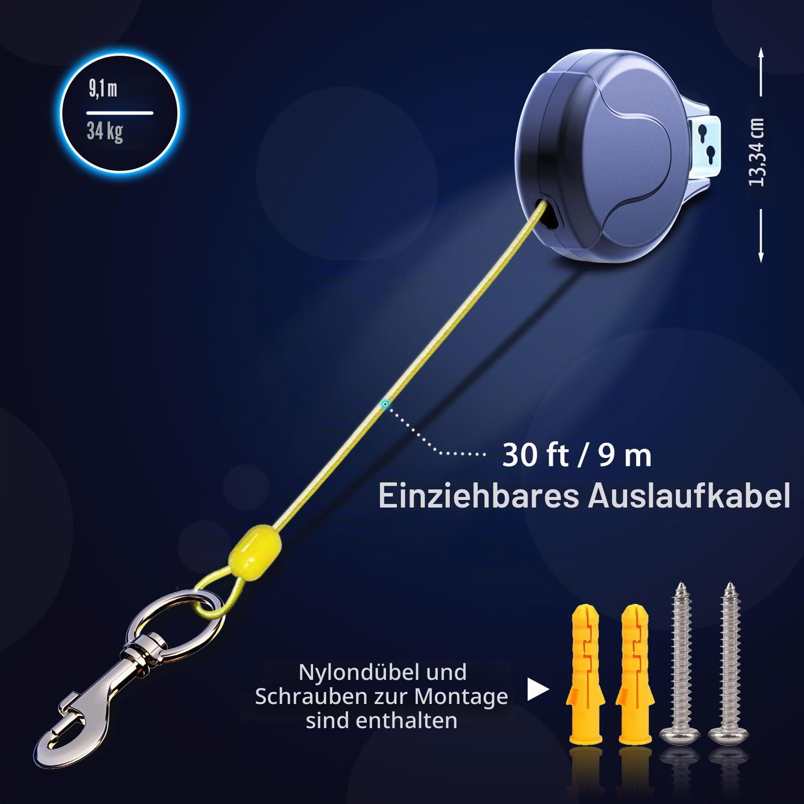 9 m Roll-Hundeseil zum Befestigen an der Wand, ausziehbar, für kleine bis große Hunde von 9-45 kg, patentierte ausziehbare Hundeleine, ideal für Hof/Garten, langlebig mit 70.000 Zyklen, Schwarz, 9 m