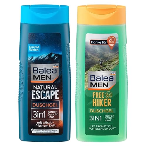 Balea MEN 2er-Set Körperpflege: Duschgel NATURAL ESCAPE 3in1 für Gesicht, Körper, Haar mit würzig-frischem Duft (300 ml) + Duschgel FREE HIKER 3in1mit aromatisch-aufregendem Duft (300 ml), 600 ml