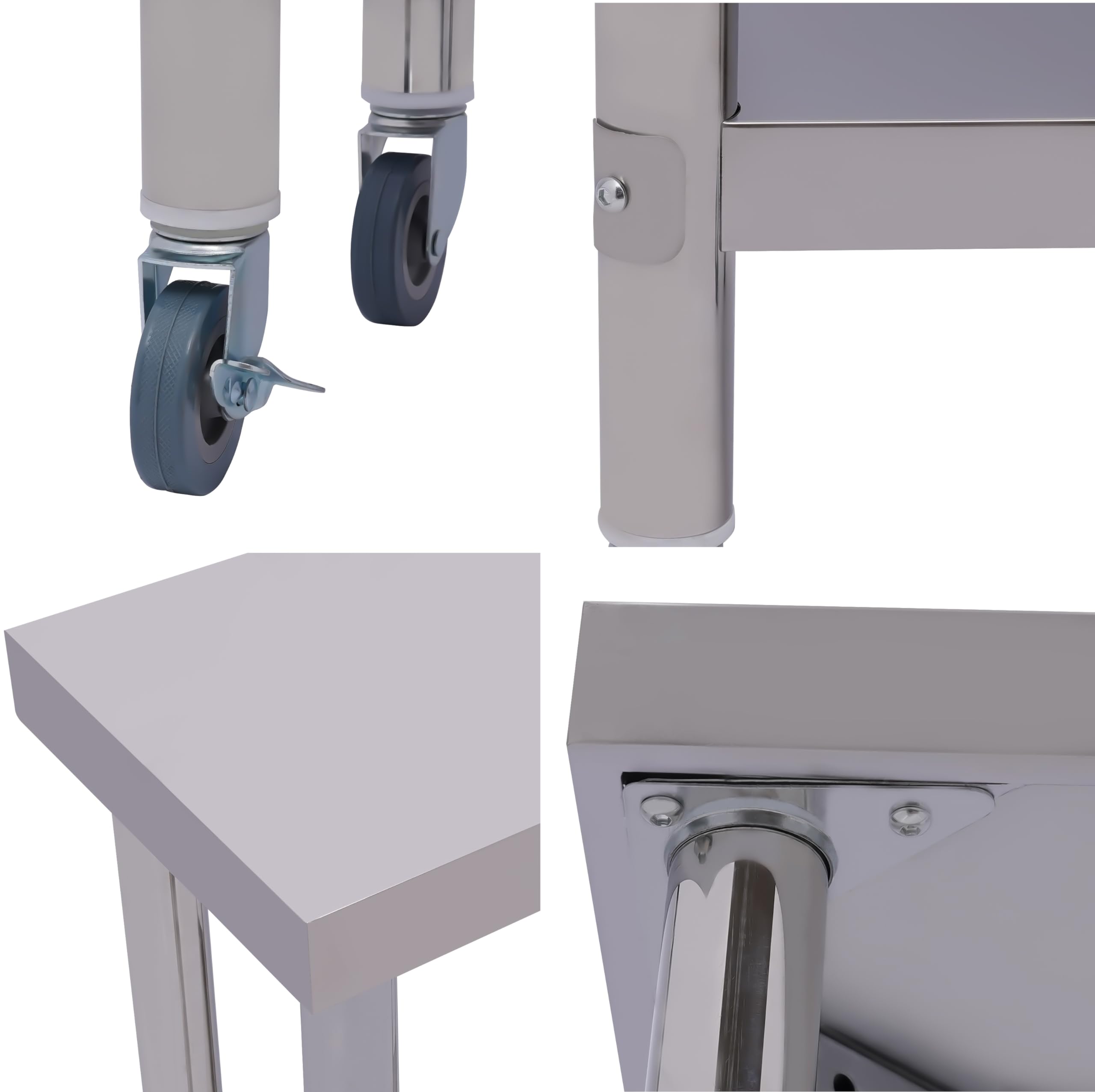 Mesa de trabajo de 2 niveles de acero inoxidable, 60 x 30 x 85 cm, mesa de trabajo comercial resistente con estante inferior y ruedas para restaurante, casa y hotel