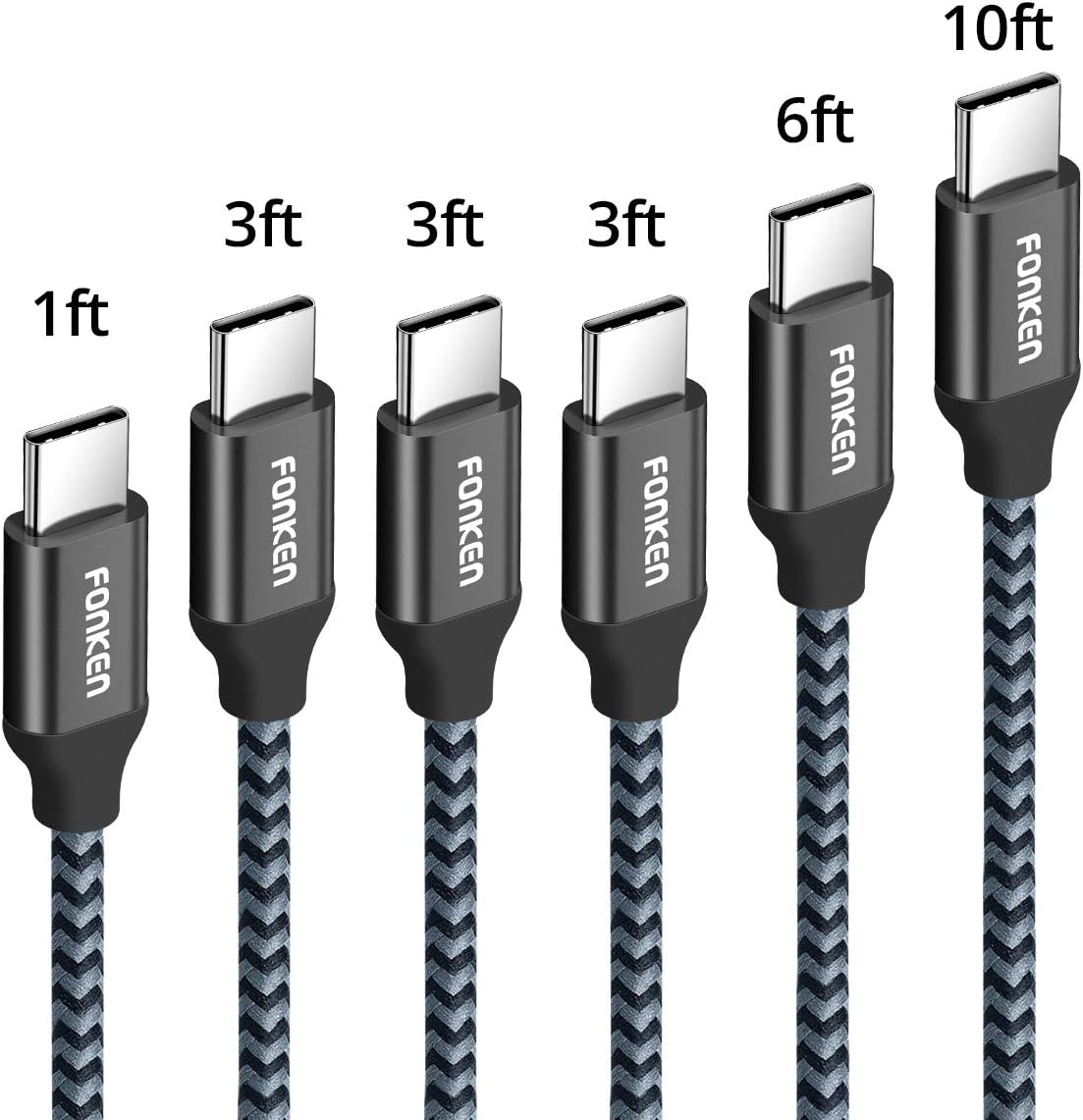 USB Type C Cable, FONKEN USB C Cable [6-Pack, 1FT 3.3FTx3 6.6FT 10FT] USB C to USB A charging Cable Nylon Braided Fast Charge Cord for Compatible Samsung S8/S9, LGG6, Google Pixel, New MacBook (Black)