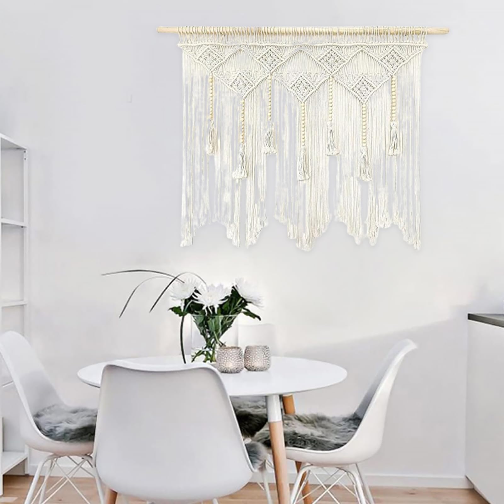 Rideaux en macramé avec perles en bois - Rideau tissé court - 100 x 80 cm - Beige - À suspendre au mur - Décoration murale d'extérieur