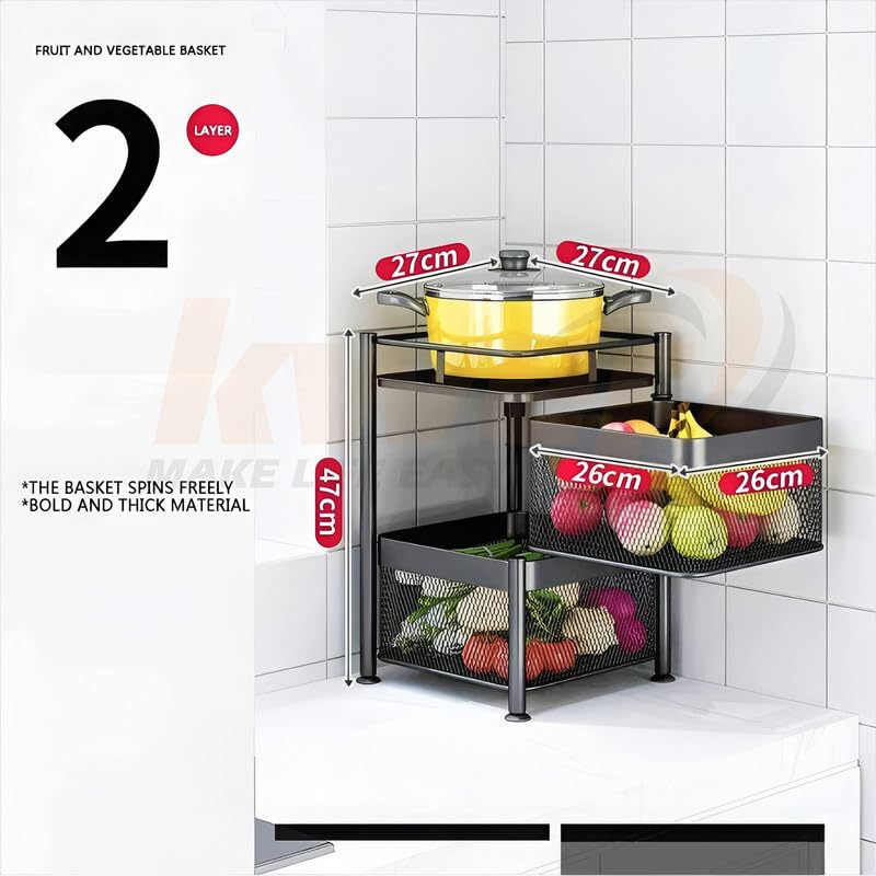 Image of flymore Metal Kitchen Trolley Square Onion Baskets for Storage,Kitchen Accessories Items&Vegetable Basket for Kitchen Organizer Items&Storage Portable Kitchen Accessories with Wheels(Black,Layer-2)