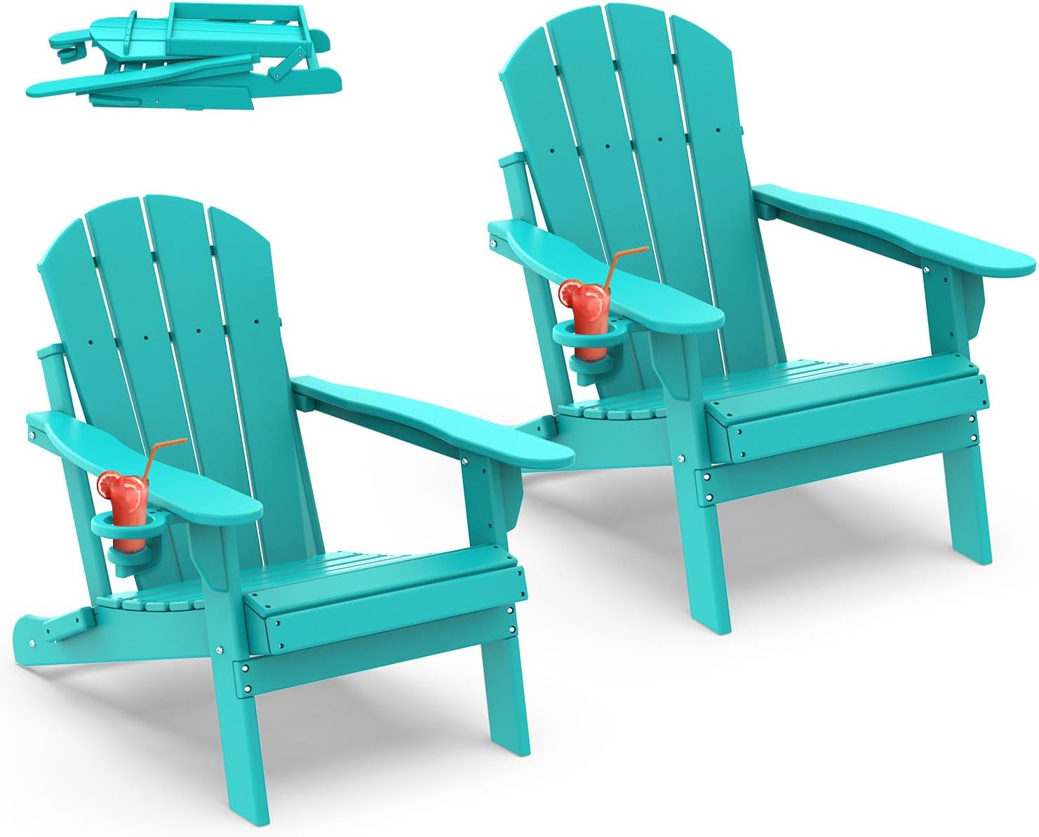 IVY&LANE Folding-Adirondack-Chairs-Set-of-2 | HDPE Plastic | Outdoor Fire Pit Chair with Cup Holder | Aqua | Poly | Weather Resistant | for Patio Deck Poolside Garden Beach