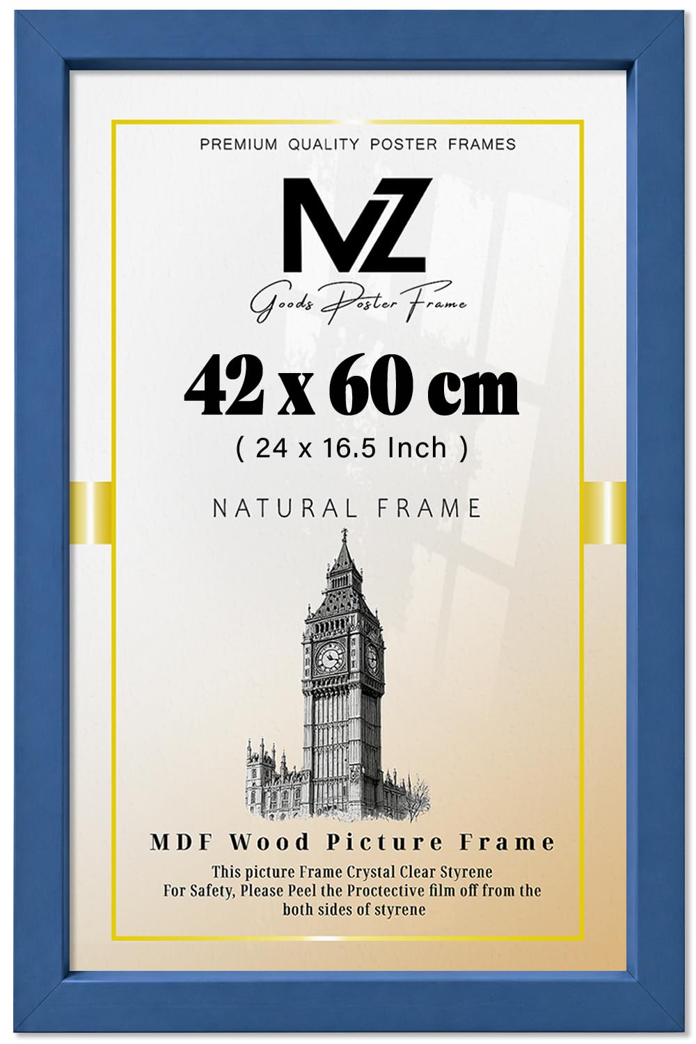 MZ GOODS | MDF Picture Frame (42 x 60 CM) 16.5 x 24 for Posters, Art & Room Interiors, Premium MDF Finish, Includes Hanging Hooks [ Blue ]