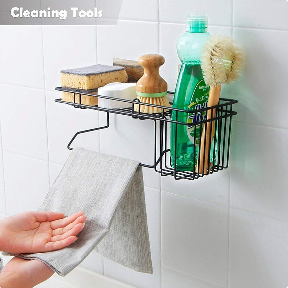 Rasikvar GI Steel Self-Adhesive Multipurpose Bathroom Shelf with Hooks/Towel Holder/Rack/Bathroom Accessories-Wall Mount - Pack of 1 (Black,Powder Coated) 2