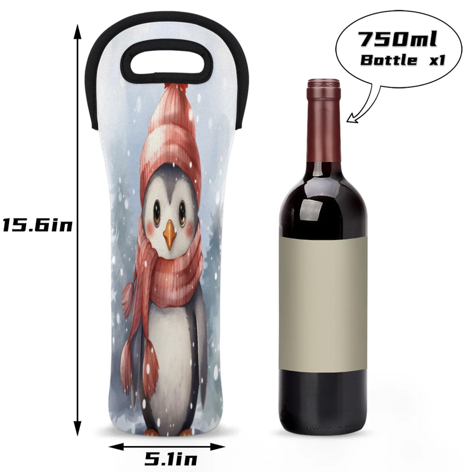 Penguin Cartoon Hat Scarf Single Bottle Wine Bag Insulated Neoprene Wine Bottle Bag Travel Tote with Handles Wine Gifts Carrier for Wedding Picnic Parties