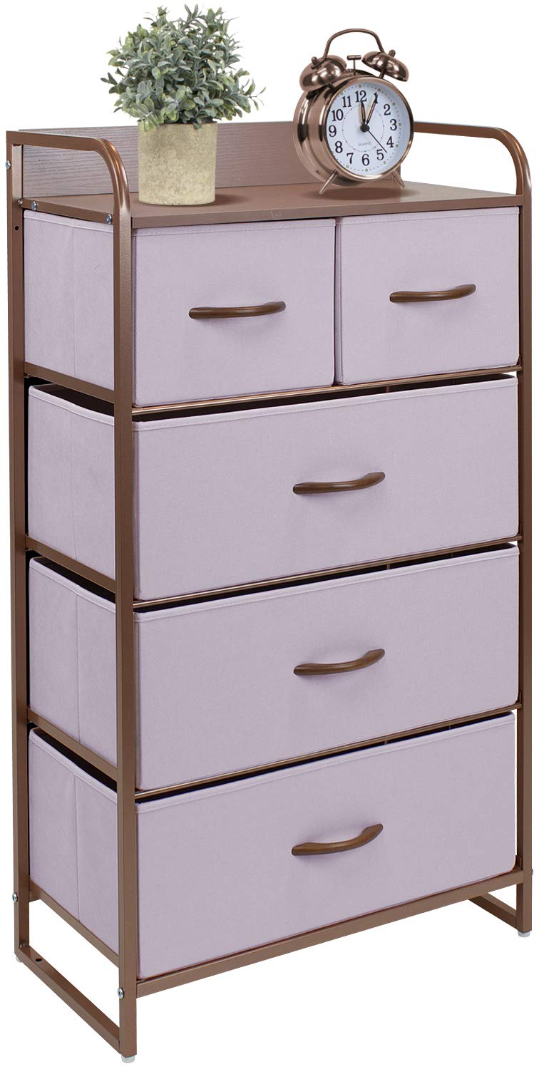Sorbus Dresser with 5 Drawers - Furniture Storage Chest for Kid’s, Teens, Bedroom, Nursery, Playroom, Clothes, Toys - Steel Frame, Wood Top, Fabric Bins (5-Drawer, Pink)