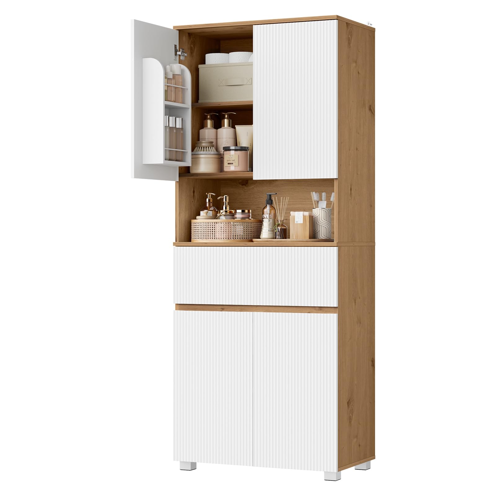 EUGAD Badezimmerschrank hoch, Badschrank, Mit 4 Türen, 1 offenem Fach, 1 Schublade, verstellbaren Einlegeböden, 70 x 176,5 x 40 cm, für Bad Wohnzimmer Küche, Weiß+Holzoptik