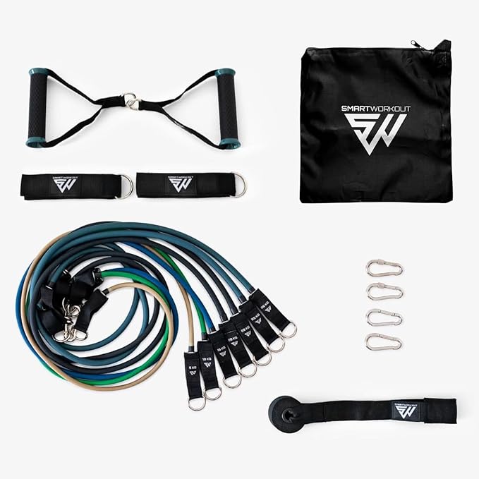 SmartWorkout® - Kit Elastici Fitness Professionale - Pacchetto Allenamento Completo 19 pezzi, 7 bande di resistenza totalizzanti 120 kg, barra per elastici, maniglie, Ancoraggio della porta & Programma Incluso