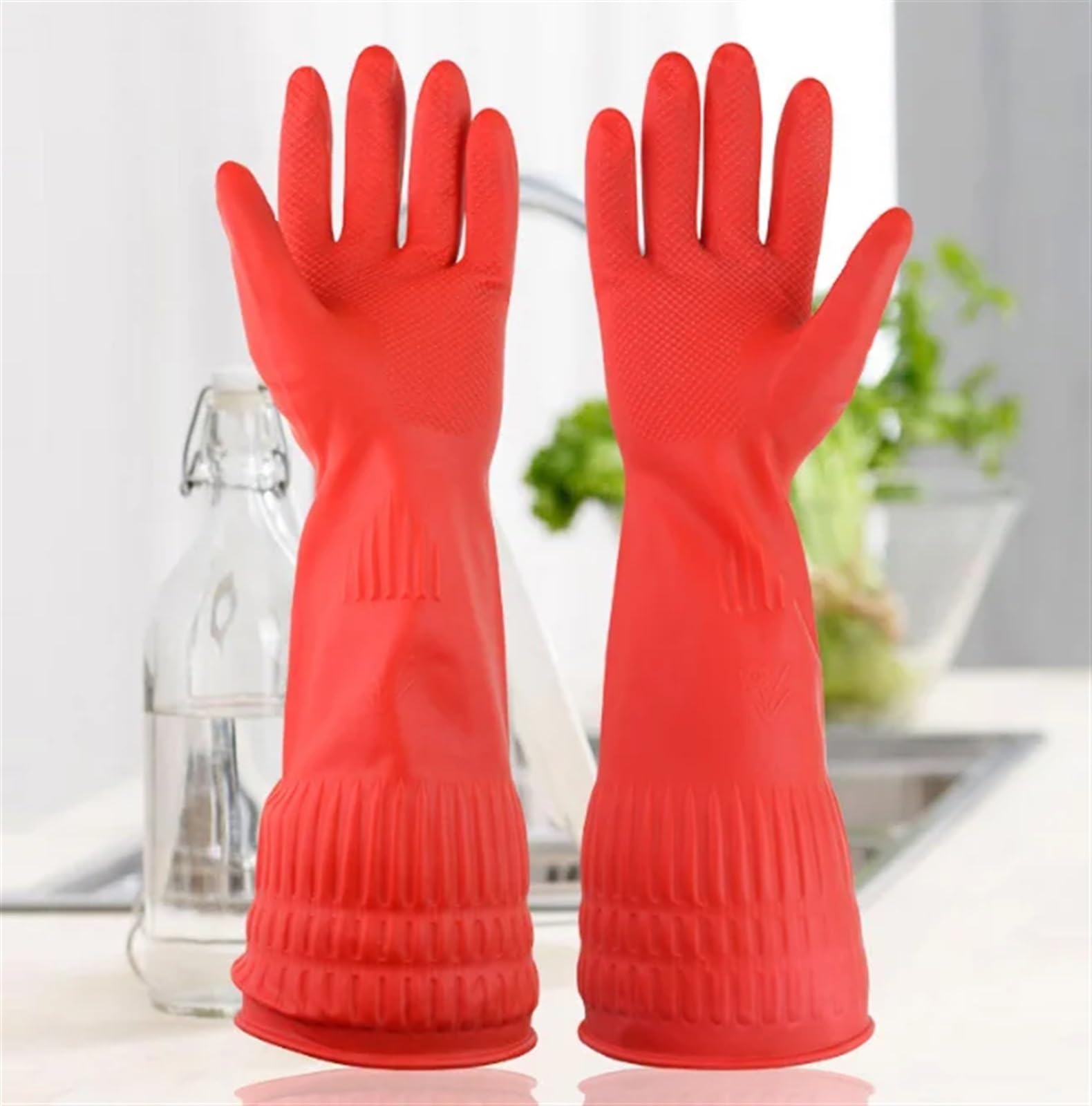Guantes Limpieza Guantes de látex Largos de Color Rojo de 38 cm de Largo for Uso doméstico Guantes de Goma Rojos(S)