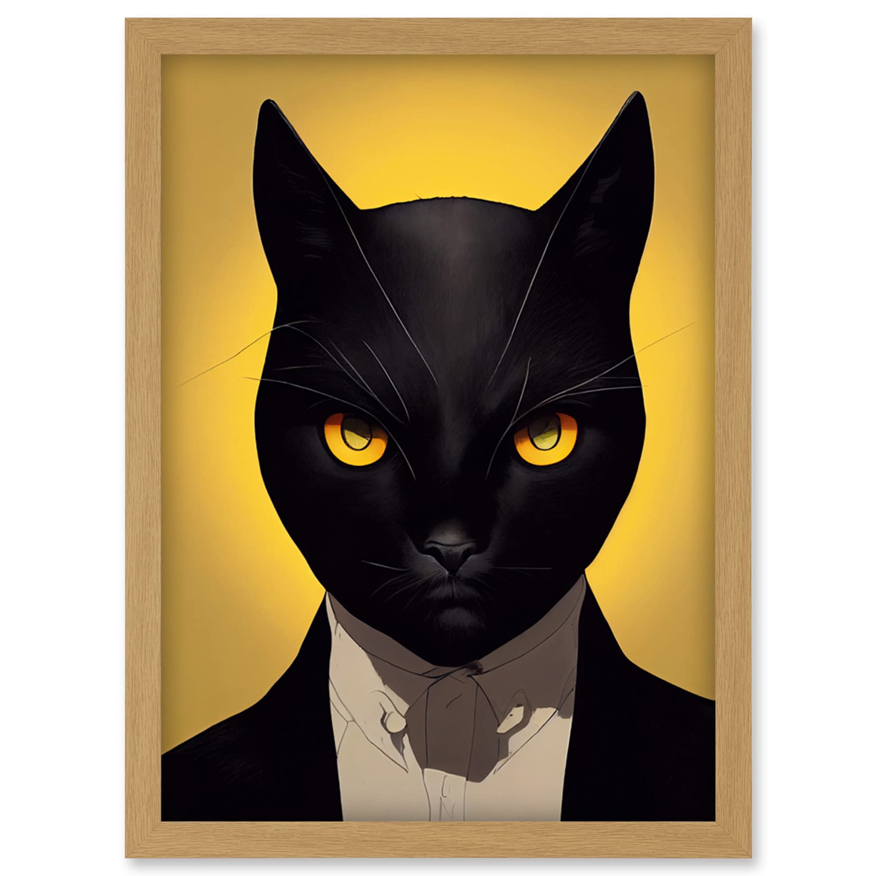 Doppelganger33 LTD Le Chat Noir Black Cat Tuxedo Yellow Portrait Artwork Framed Wall Art Print A4