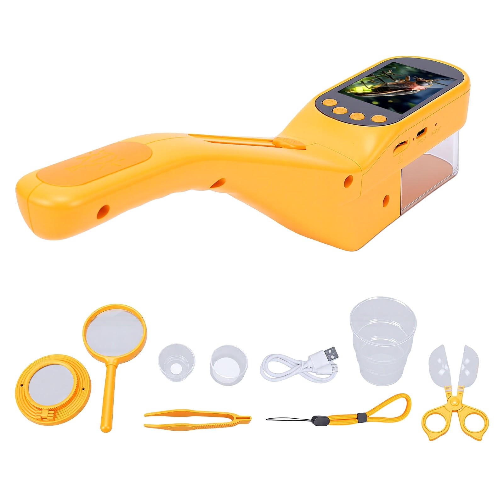 Naroote Digitales Kinder Mikroskop 500X 2.4 Zoll IPS mit LED-Licht | IPS HD Bildschirm 500X, Foto & Video, USB PC Teilen, 8 LEDs Einstellbar, Insektenfänger & Becher, MINT-Lernen für Draußen