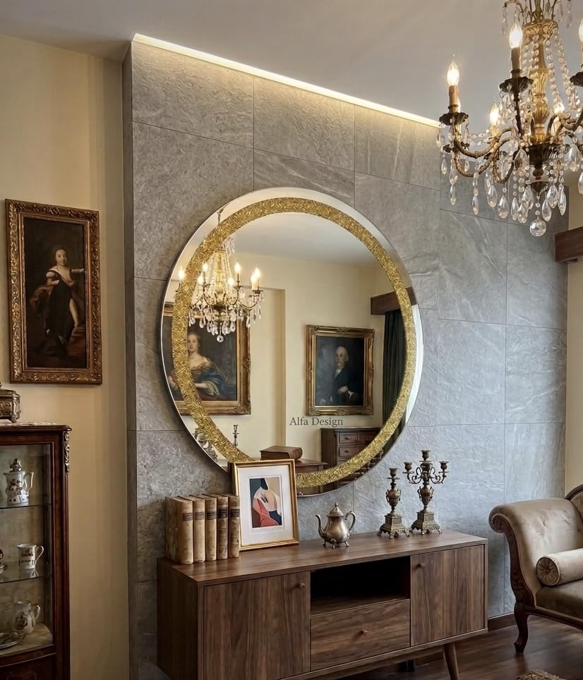 Alfa Design Crystal Crushed 28 x 28 inch Wall Mounted Diamond Round Wall Mirror | Frameless HD Glass with Diamond Border | Decorative Mirror for Living Room, Washbasin, Bedroom & Entryway-image-43
