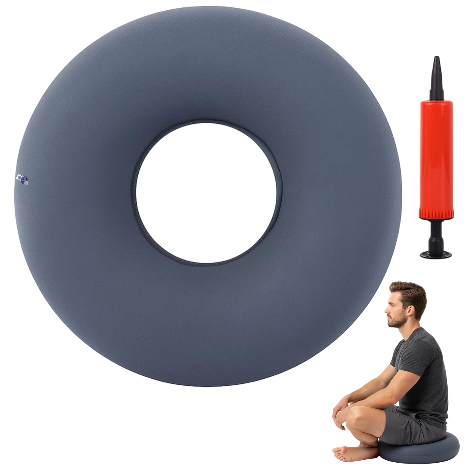 2-Piece Set Donut Cushion, Rubber Ring to Sit on Medical for Pressure Relief, Doughnut Cushion for Extended Sitting Comfort and Mobility Support, 35x35 cm Gray Inflatable Seat Cushion with Air Pump