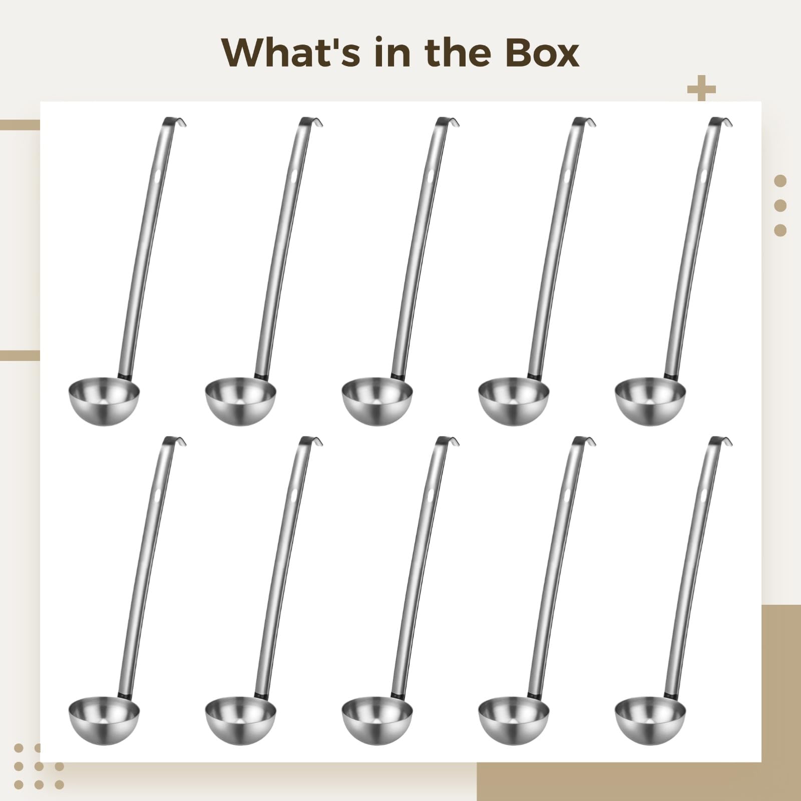 Lot de 10 louches à soupe en acier inoxydable, dose de 60 ml avec repères de mesure, manche long de 25,4 cm avec crochets, cuillères de service métal pour restaurant, traiteur, cuisine maison