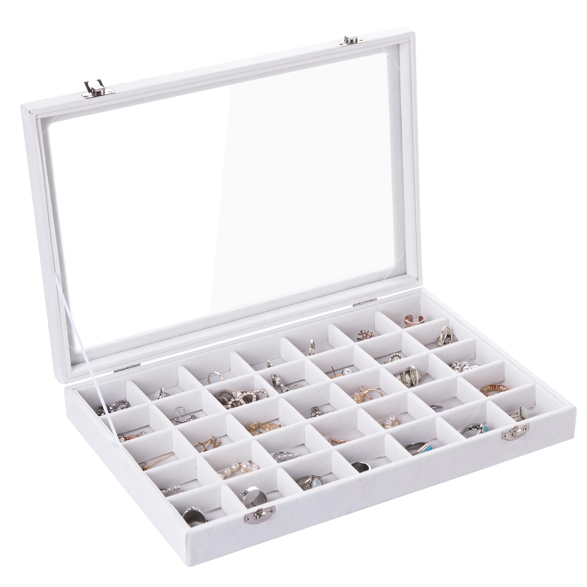 Frebeauty Velvet Jewelry Tray 35 Grid Jewelry Organizer with Clear Lid Transparent Earring Organizer Holder Case with Clasp Drawer Insert for Rings Studs Gift for Women Girls(White 35 Grid)