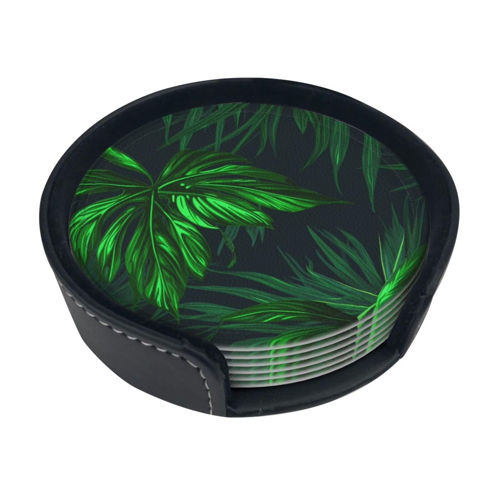 Ykclkshka White Green Tropical Plant Round Leather Coasters (6 Pieces) - Drink Coaster Set For Desk, Modern Easy To Clean Home Office & Farmhouse Coasters