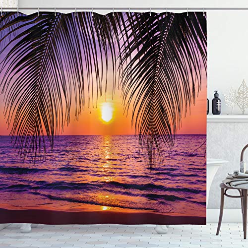 Ambesonne Tropical Shower Curtain, Sunset Over The Ocean with Tropical