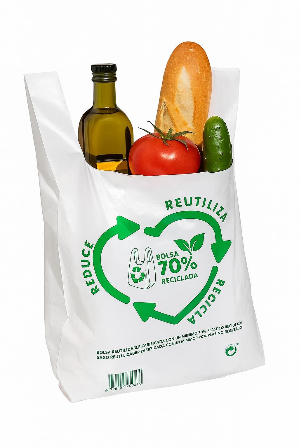 Sac plastique. Anse en plastique. Sacs T-shirt 50 microns 70% recyclés BLANC. Sacs avec poignées 80x85cm. PACK 25 unités de sacs. Haute résistance. Sac biodegradable