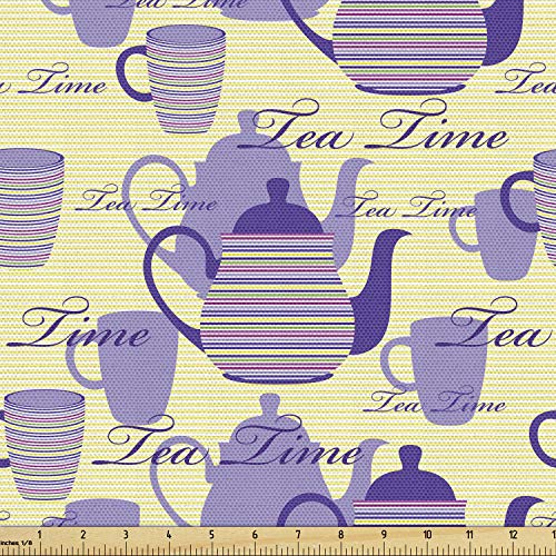 Ambesonne Tea Party Fabric by The Yard, Striped Teapots Cups