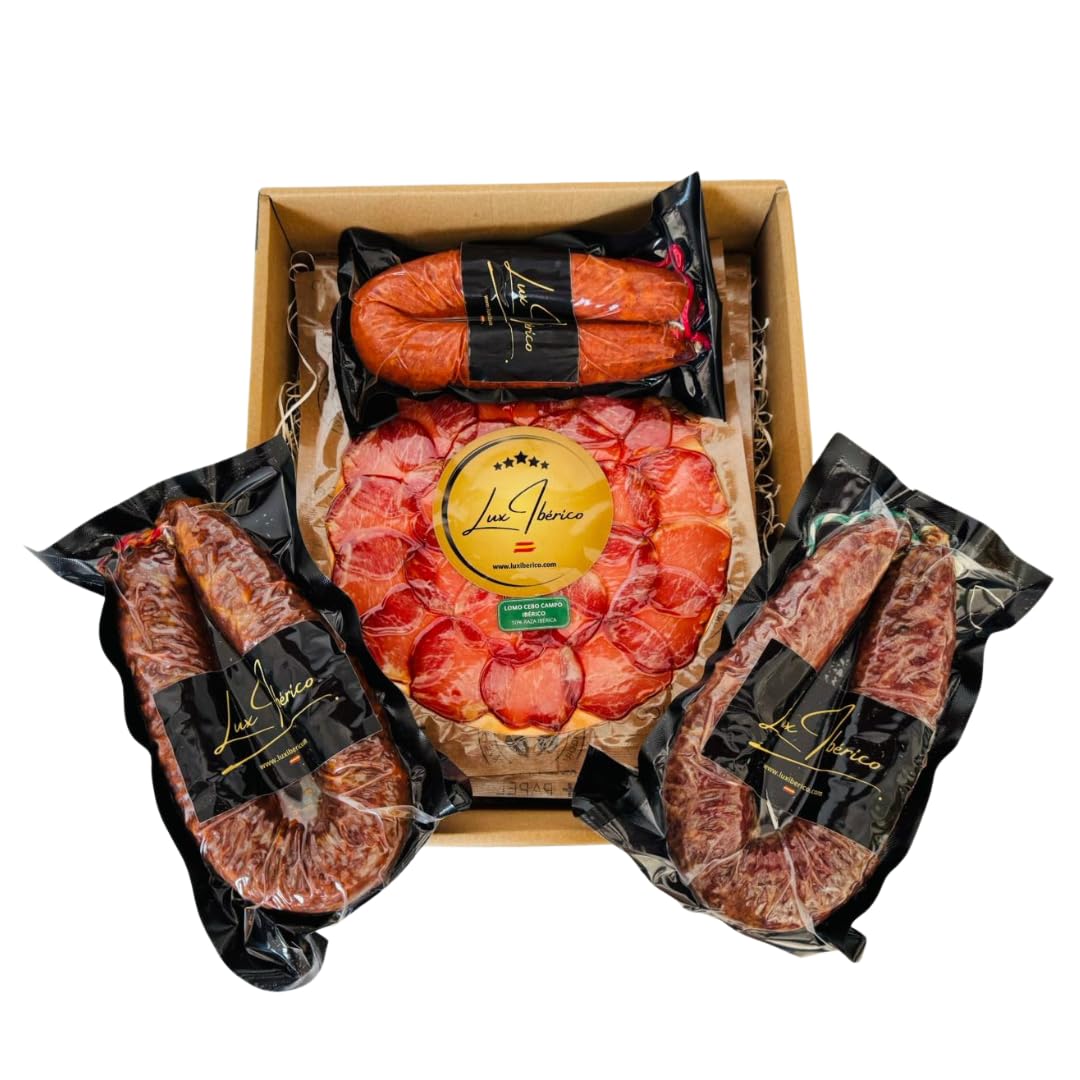 Lux Ibérico | Sabores de España | Caja Regalo Gourmet con Jamón, Lomo, Chorizo y Salchichón Ibérico Loncheado, Morcilla Patatera y Embutido Herradura | Regalo Gourmet