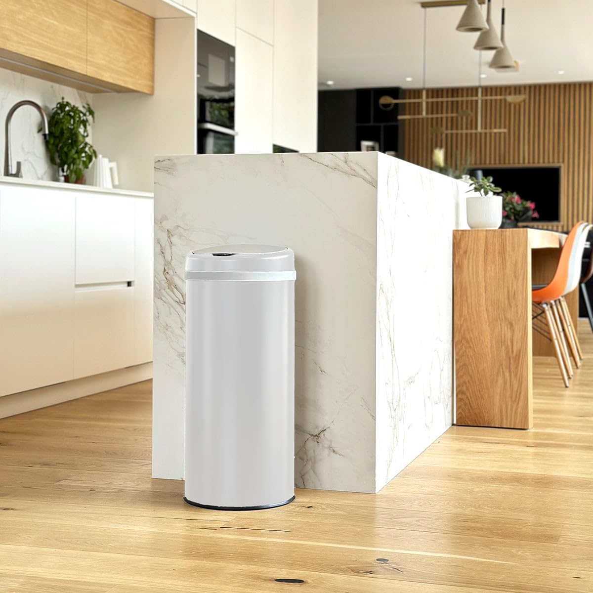 SOHO - Papelera de cocina (42 L, color blanco brillante, acero inoxidable, con flejado)