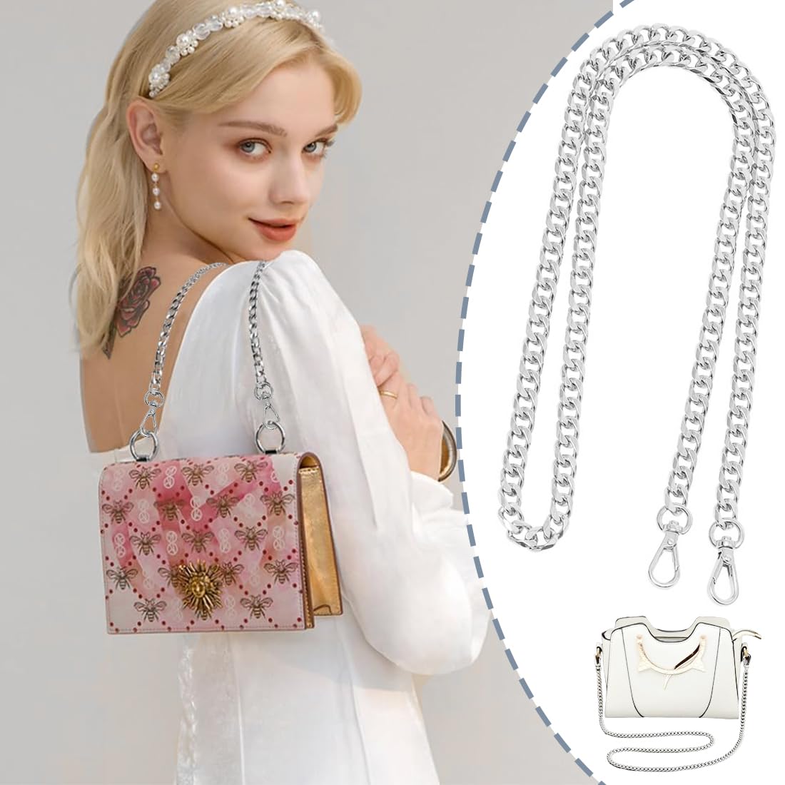 Cadena plateada para bolso, cadena metálica dorada para bolso, 120 cm, adecuada para bricolaje, bolsos, cadenas para bolsos de mano, cadenas de repuesto para bolsos de hombro.