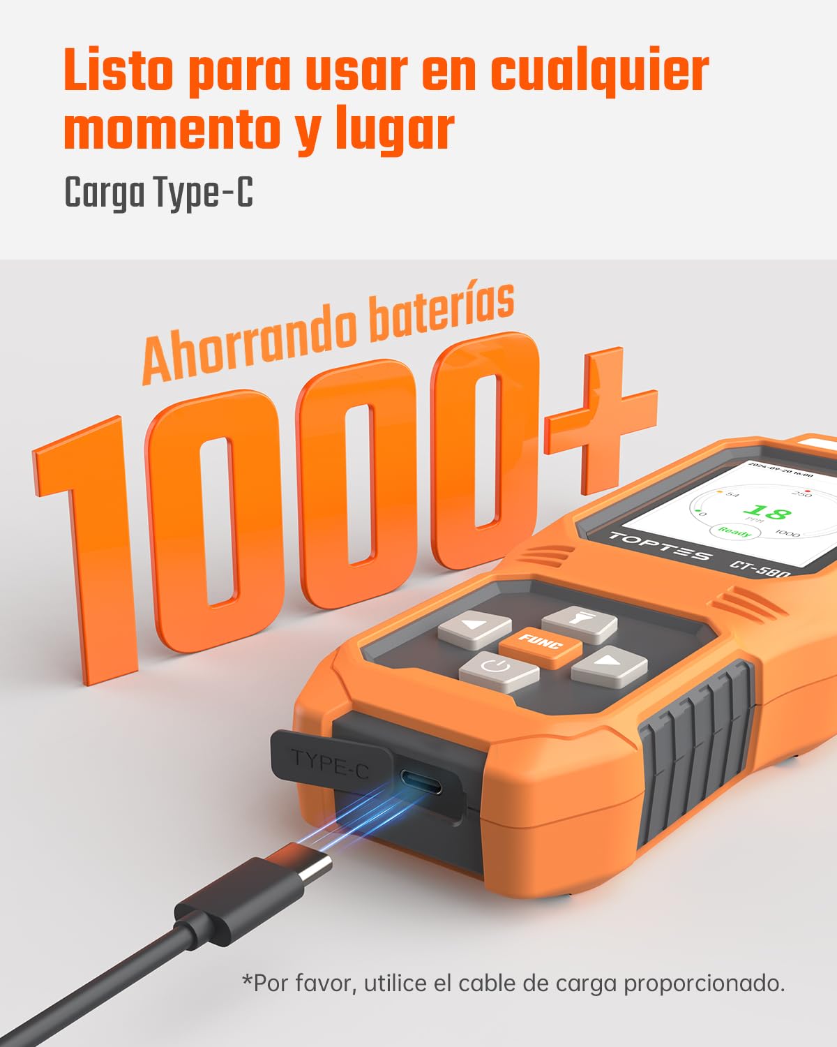 TOPTES CT-580 Detector de monóxido de Carbono, Detector de CO Recargable con alarmas por vibración, visuales y audibles, Alarma CO portátil, 0-1000PPM para el hogar, Coche, Camping y Viajes