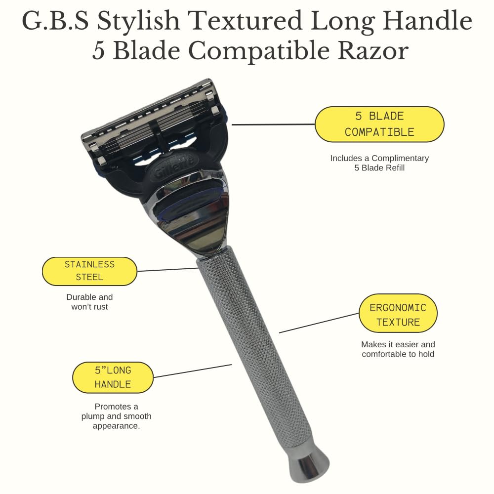 G.B.S Rasoir ergonomique à manche long et élégant avec étui de protection en cuir pour voyage, chromé