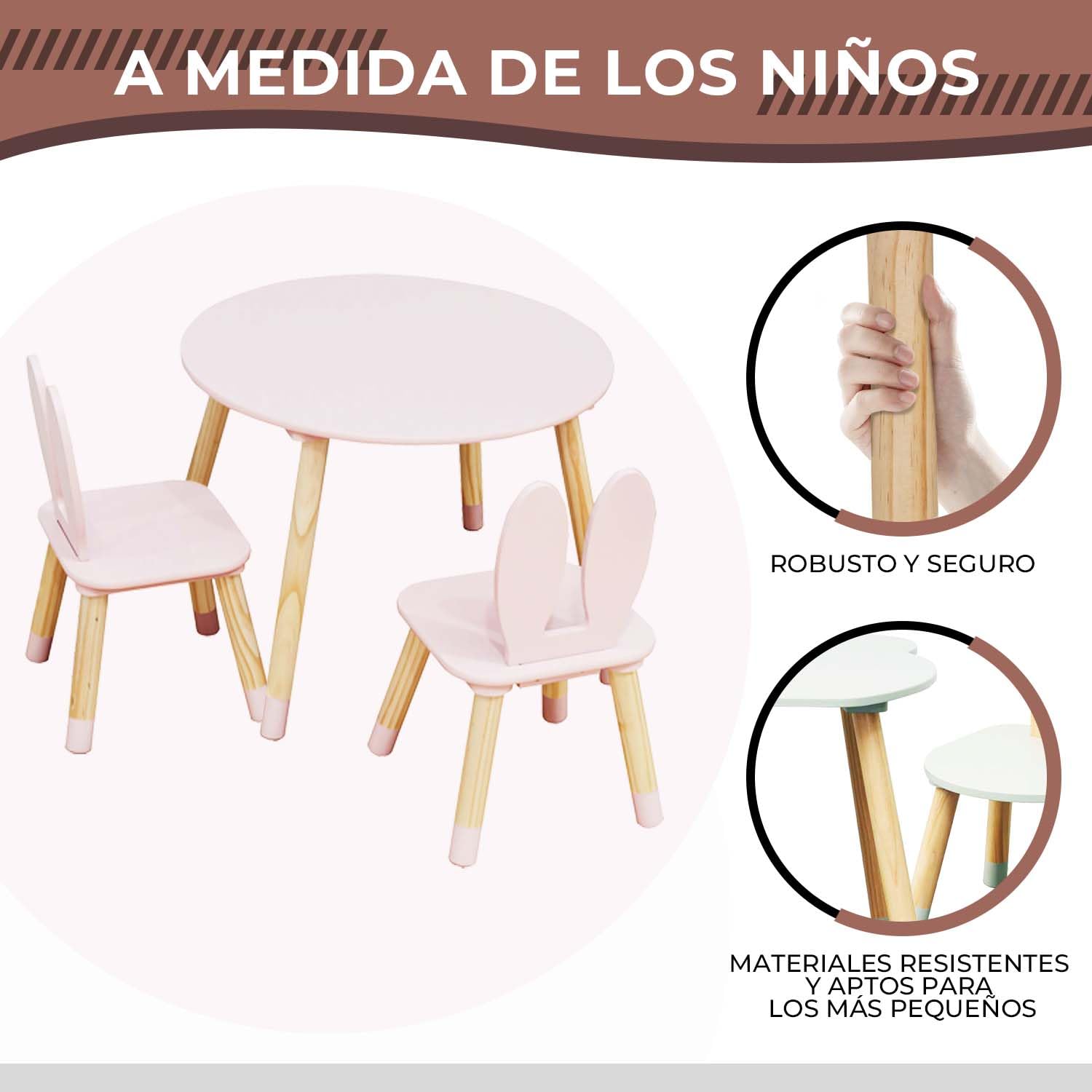 Rebecca Mobili Set de Mesa y 2 Sillas para Niños, Mesa Infantil con Taburetes, Rosa Marrón, MDF de Pino, para Habitación Infantil - Medidas: 44 x 60 x 60 cm / 50 x 28 x 25 cm - Art. RE7017