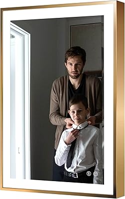 Fab Glass and Mirror LED Lighted Bathroom Mirror 24 x 36 Inch, Champagne Gold Framed Wall Mounted Dimmable Vanity Mirror, Anti-Fog Touch Sensor, Adjustable Color Warm/White/Natural