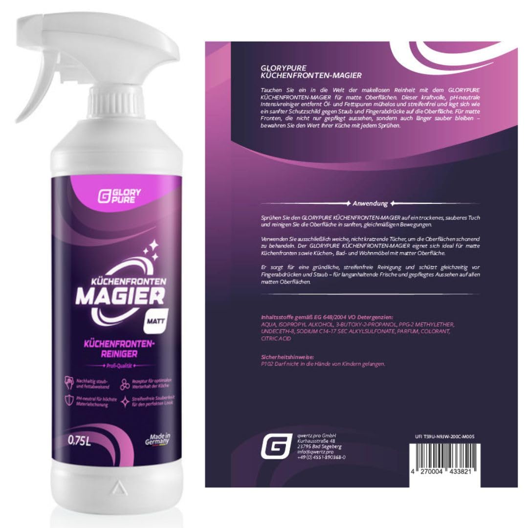 Nettoyant professionnel pour façades de cuisine haute brillance, 750 ml, pour façades de cuisine brillantes, surfaces sans traces et sans traces de doigts, maintien optimal de la valeur