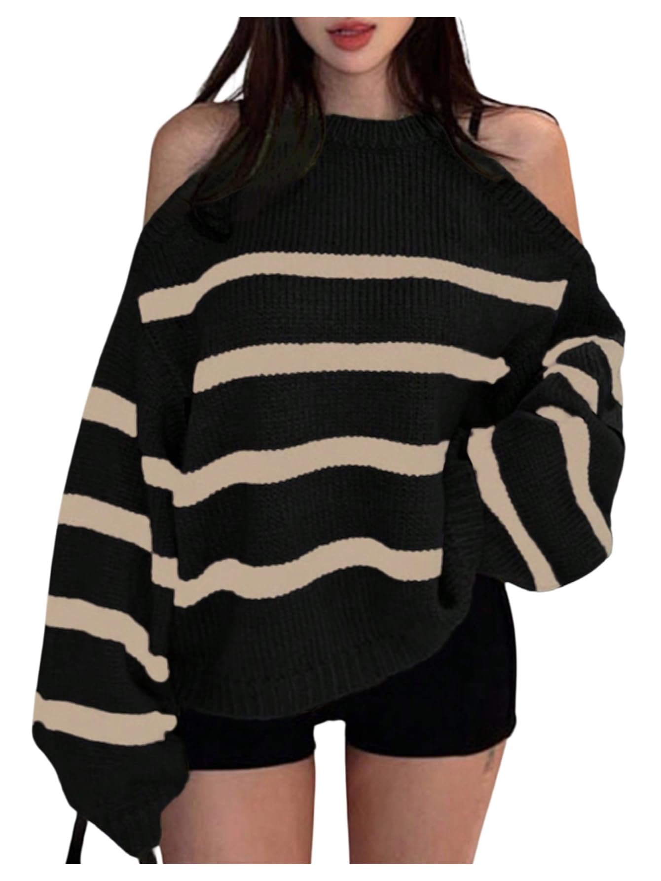 Verdusa Womens Cold Shoulder Crew Neck Sweater Oversized Striped Pullover Sweaters Streetwear Knit Tops
