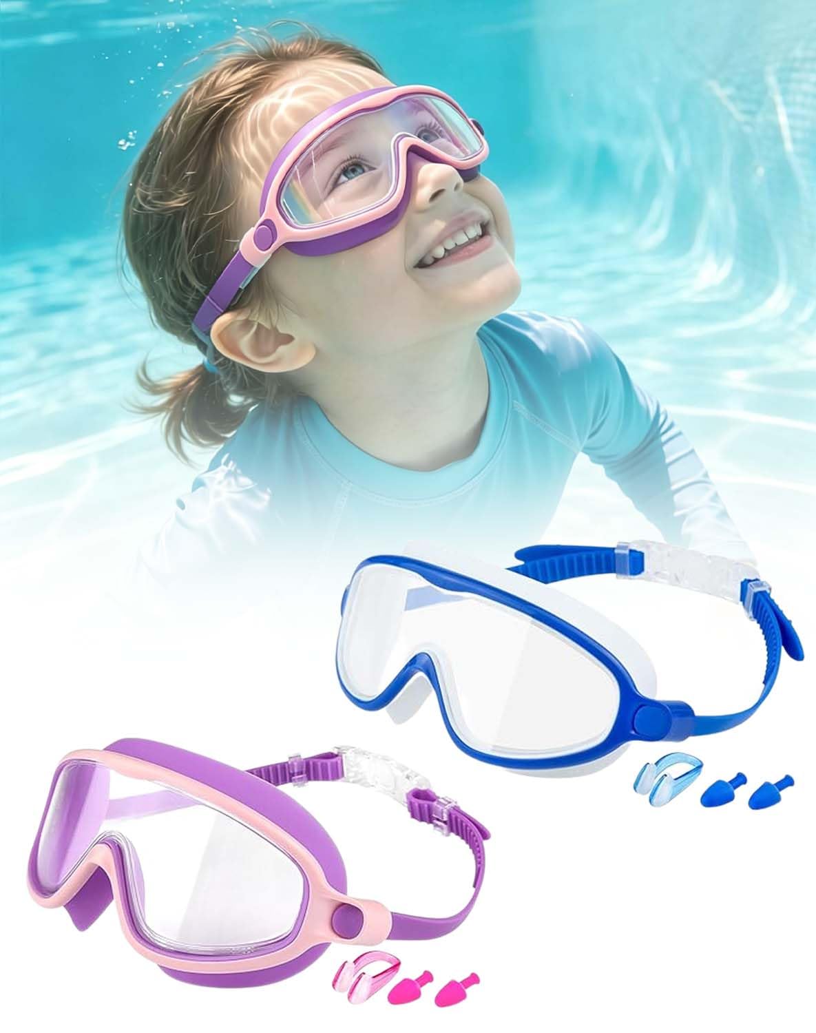 Goggles Kids, Clip-On Swim Goggles, 180° Wide Angle Vision, No Leaks & No Fog, Durable UV Protective Lens, With Nose Clip And Earplugs, No Straps Just Clip (Group C)
