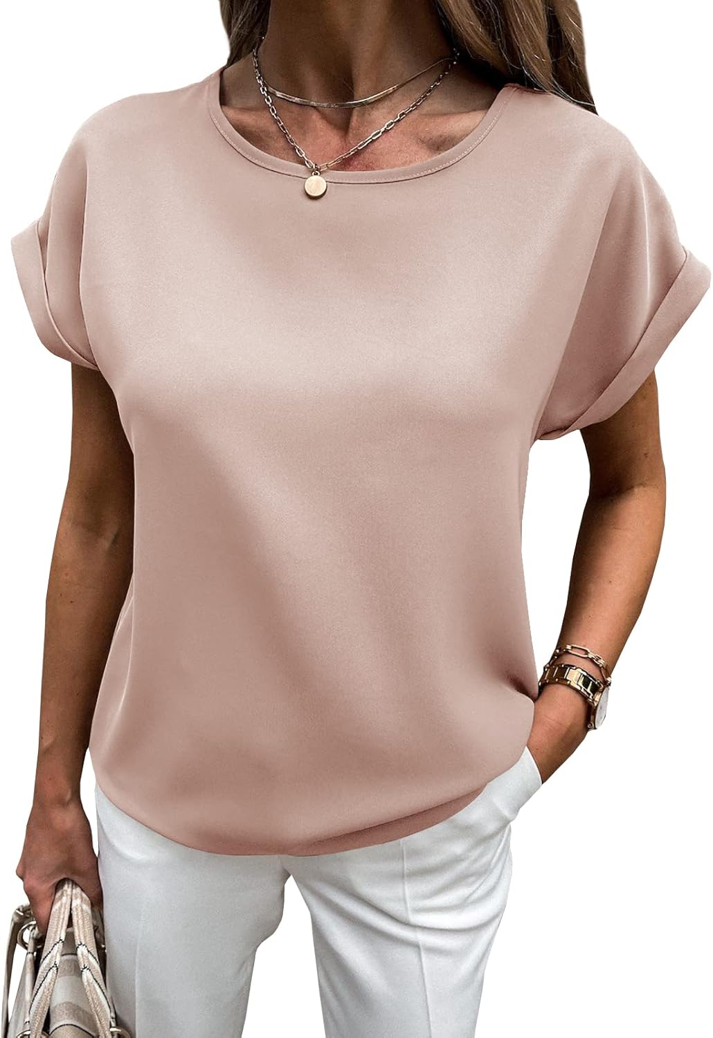 Lynwitkui Womens Crewneck Short Sleeve Chiffon Blouses Summer Keyhole Back Business Casual Tops