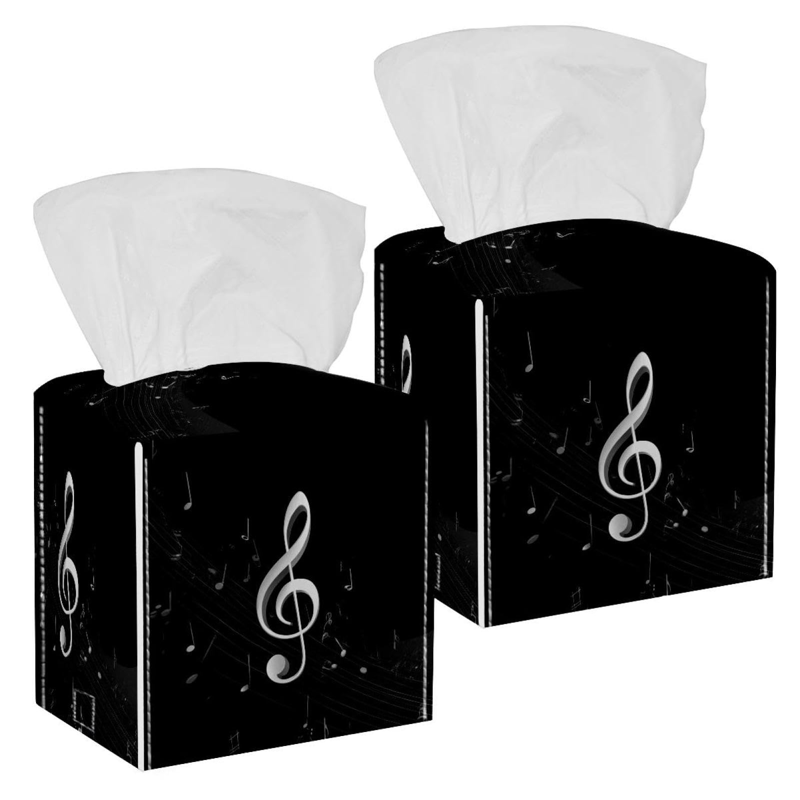 Musical Notes Tissue Box Cover, 2 Pack PU Leather Square Facial Tissue Dispenser Box holder for Home Office Car