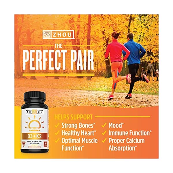 Zhou Nutrition Vitamin D3 K2, Bone and Heart Health Formula 5000 IU Vitamin D3 & 90 mcg Vitamin K2, Max Strength 2 in 1 Immune Support and Calcium Absorption, Gluten Free, 60 Count