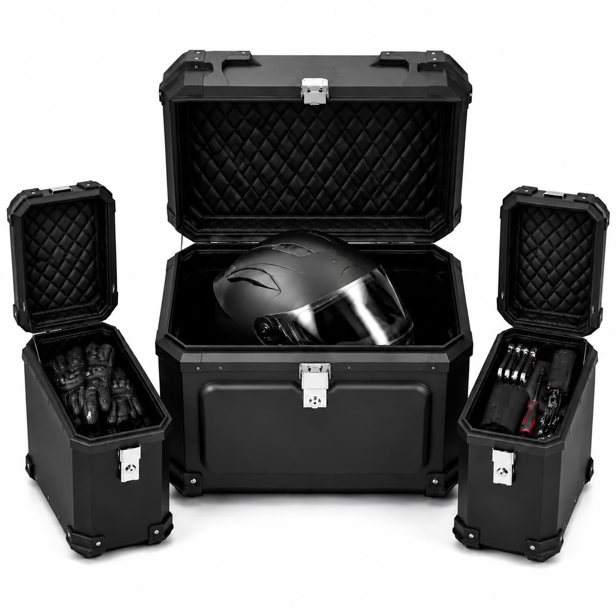 Baannaww Set Valigie Moto 95L, Bauletto 45L e 2 Laterali 25L, Nero | Guscio rigido in PP, serrature inox 304, schienale in schiuma e struttura a 3 pezzi per touring e uso quotidiano