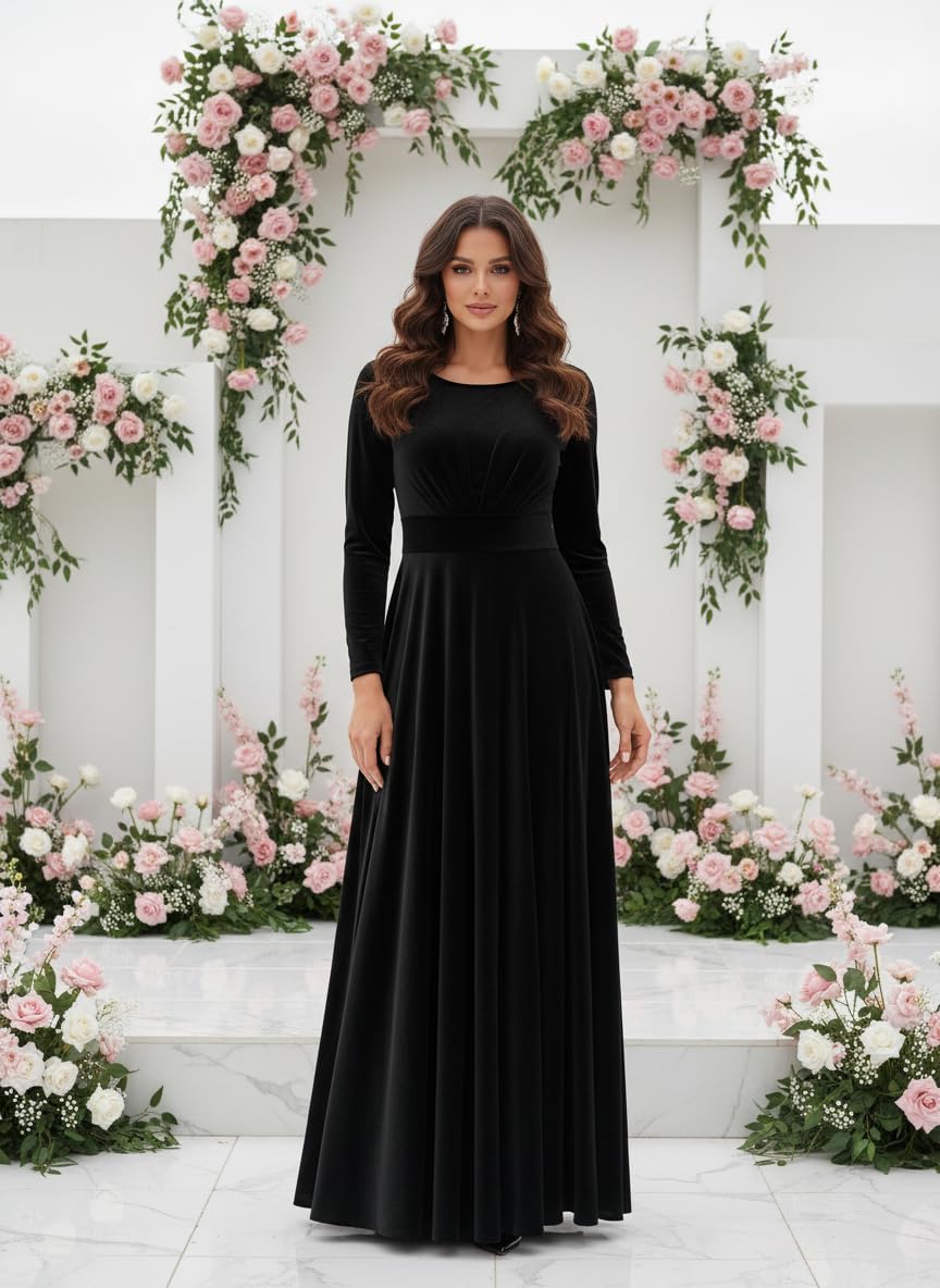 Women’s Velvet Maxi Dress Long Sleeve Crew Neck Vintage Solid Elegant Evening Cocktail Holiday Dresses - Image 2