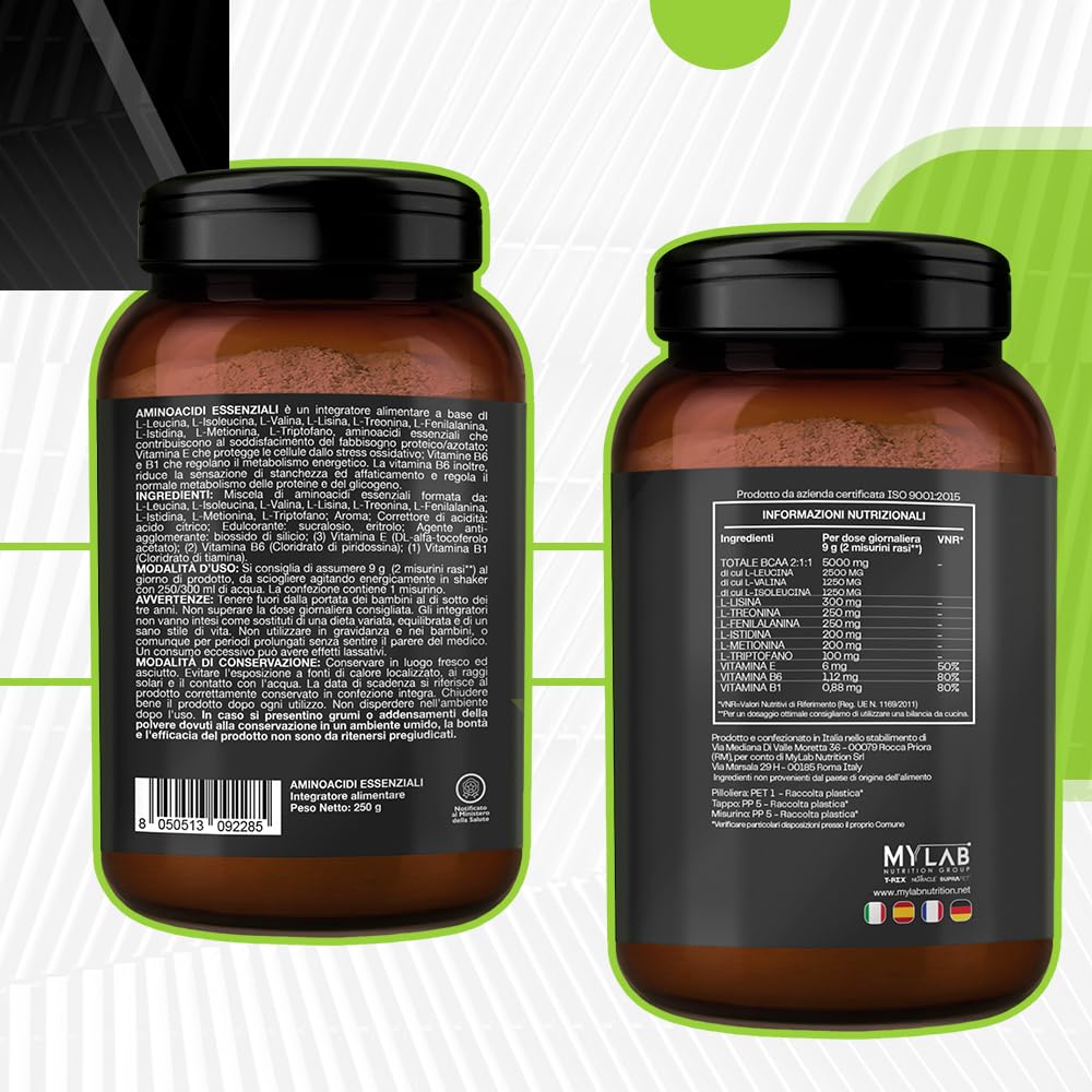 EAA Aminoacidi Essenziali con mix di vitamine B1, B6 ed E - Integratore di amminoacidi naturali vegan ottenuti da fermentazione T-Rex Integratori (Tropical, Polvere)