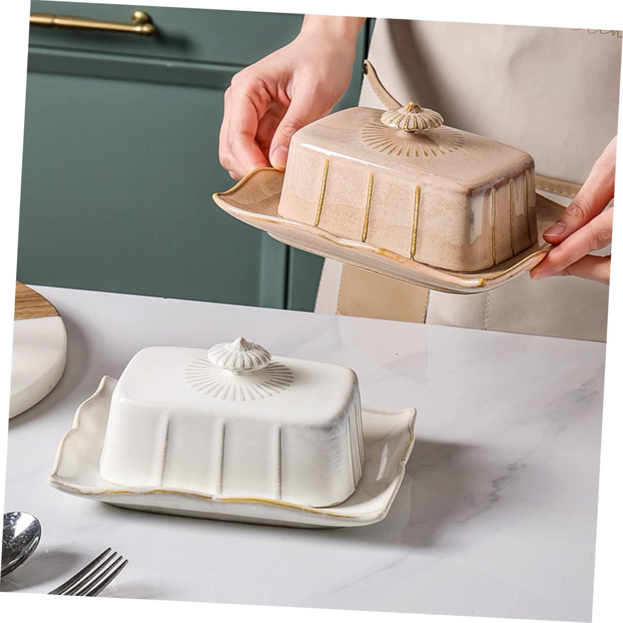 Ceramic Butter Serving Tray with Lid European Butter Dish for Kitchen and Dining Khaki