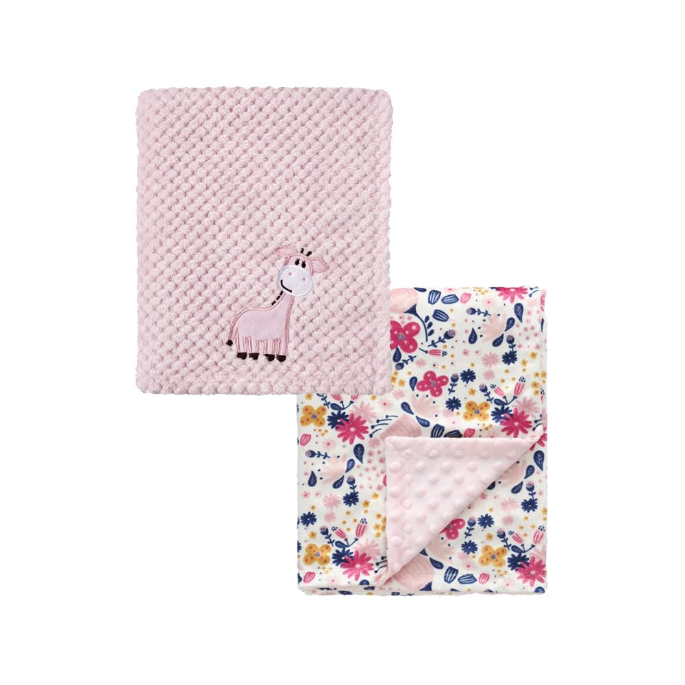 CREVENT 2Pcs 75cmX100cm Cute Cozy Fluffy Warm Baby Blankets for Infants Toddlers' Bedding Crib Cot Stroller - Giraffe + Flower