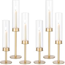 Candeldo Gold Hurricane Candlestick Holder Taper Candle Holders for Wedding Glass Table Centerpiece for Dining Tables Set of 6 Tall Christmas Decoration Candle Stand